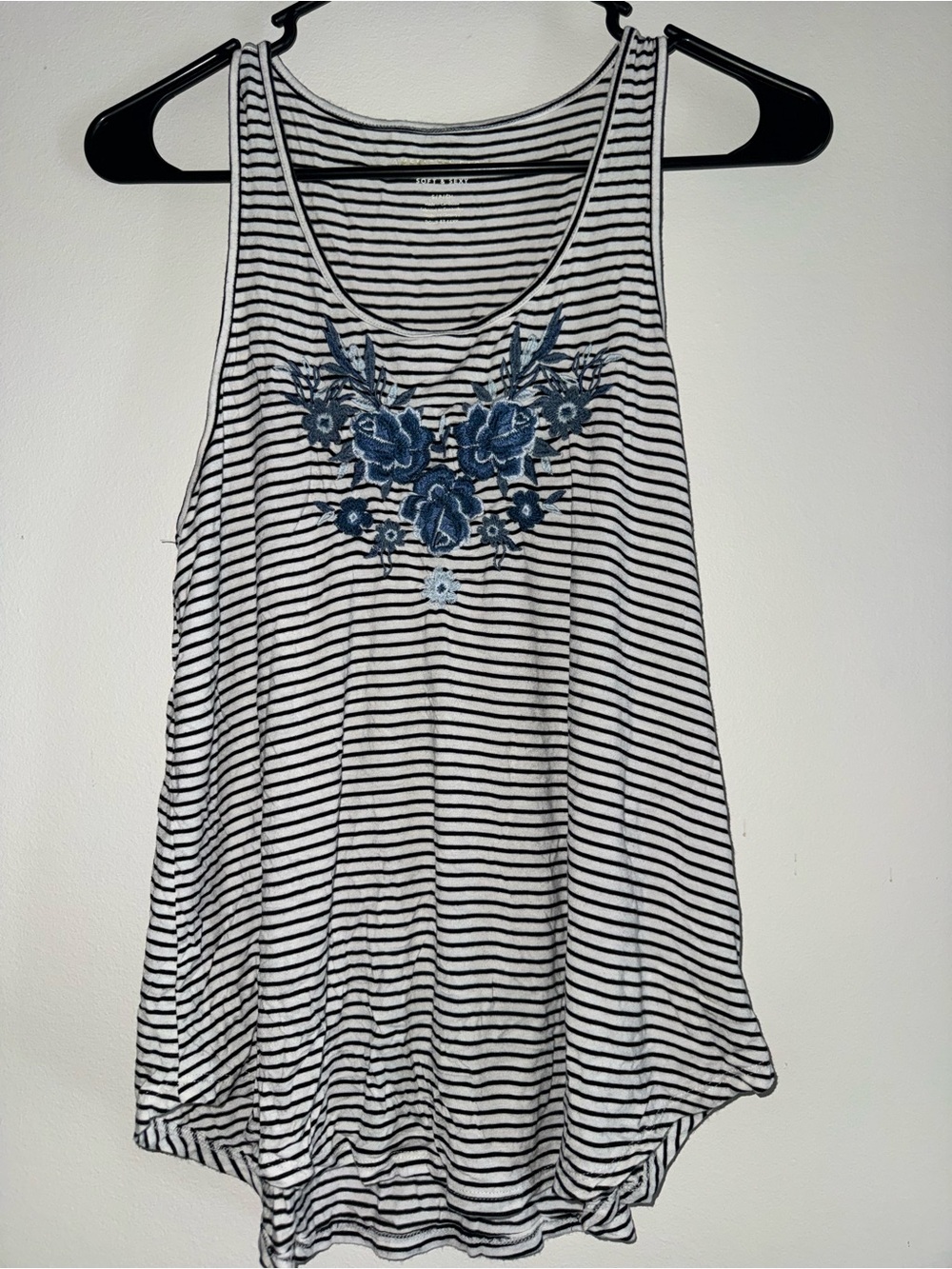 American Eagle Outfitters White & Black Striped Tank with Blue Floral Embroidery